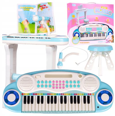 Playos® - Keyboard met Microfoon - Blauw - Inclusief Standaard & Kruk - met 20 Klassieke Kinderliedjes - Licht & Geluid - Opnemen en Afspelen - Speelgoedinstrument - Muzikaal Speelgoed