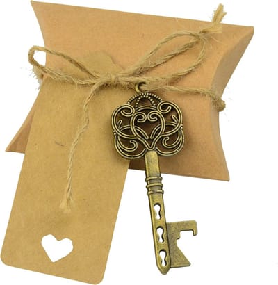 50 Stuks Vintage Rustieke Trouwen Cadeauset met Skeleton Sleutelhangers, Snoepdozen en Jute Touw