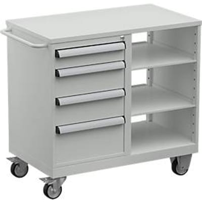Treston gereedschapswagen TWIN 5 ESD, stalen onderstel, tot 300 kg, 4 laden, 2 legborden, afsluitbaar, duwbeugel, staal, lichtgrijs RAL 7035