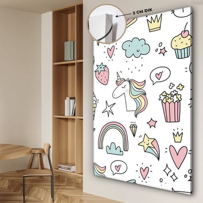 Canvas schilderij kinderen - Muurdecoratie kinderkamer - Eenhoorn - Meisjes - Regenboog - Roze - Design - Wanddecoratie meisjes - Canvas schilderij kinderen - 120x180 cm