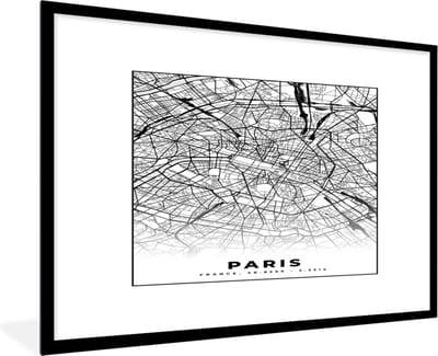 Fotolijst incl. Poster Zwart Wit- Kaart - Paris - Plattegrond - Parijs - Frankrijk - Stadskaart - Zwart wit - 120x80 cm - Posterlijst