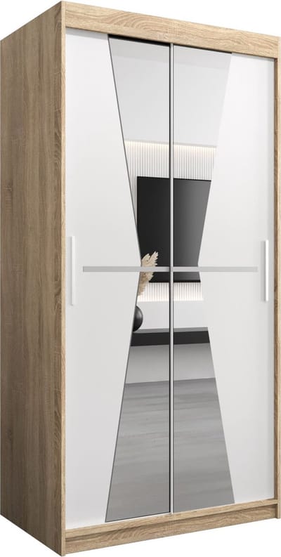 InspireMe - Kledingkast met 2 schuifdeuren, Modern-stijl, Een kledingkast met planken en een spiegel (BxHxD): 100x200x62 - TOTO 100 Sonoma Eik + Wit Mat
