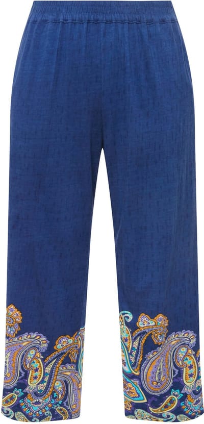Ulla Popken - Dames - 7/8-jersey broek paisley-rand wijde pijpen - Donkerpetrol - Maat 62+