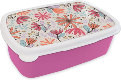 Broodtrommel Roze - Lunchbox - Brooddoos - Bloemen - Regenboog - Design - 18x12x6 cm - Kinderen - Meisje