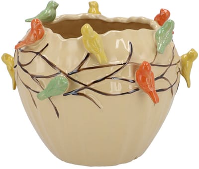 DK Design Bloempot/plantenpot Spring birds - zandkleurig - keramiek - D19 x H15 cm