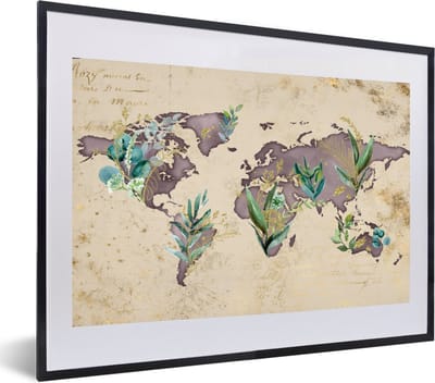 Poster in lijst - Fotolijst 60x40 cm - Posters - Wereldkaart - Vintage - Goud - Posterlijst zwart - Decoratie - Wanddecoratie woonkamer - Muurdecoratie slaapkamer