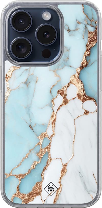Casimoda® hoesje - Geschikt voor iPhone 15 Pro - Marmer Lichtblauw - 2-in-1 case - Schokbestendig - Marble design - Verhoogde randen - Blauw, Transparant