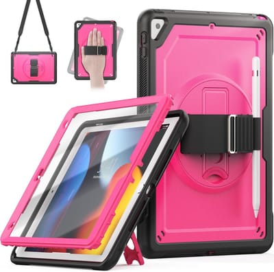 Stunq® Beschermende tablethoes met standaard en polsband voor diverse iPad modellen iPad 9, 8 en 7 generatie met 10,2 inch scherm Roze