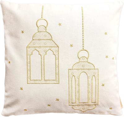 Famanu – Kussensloop als Ramadan-decoratie - hoogwaardig goud geborduurd met lantaarnmotief - in grootte 40x40cm - seizoensgebonden