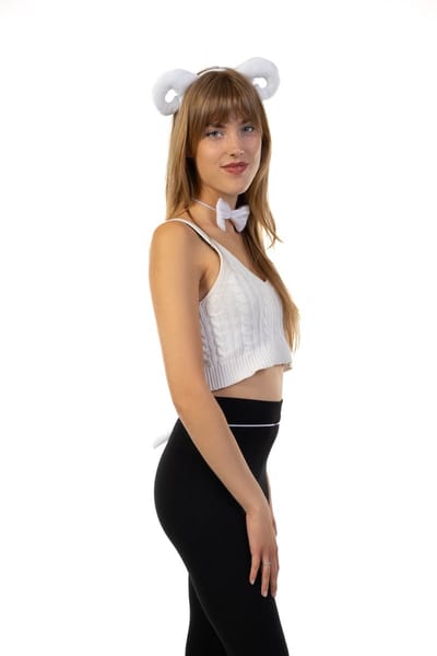 KIMU® Schaap Haarband Oren, Strik & Staart Diadeem Set - Wit Hoorns Zacht Schappenpak Ram Ooi Dierenpak Pak - Staartje Strikje Oortjes Festival