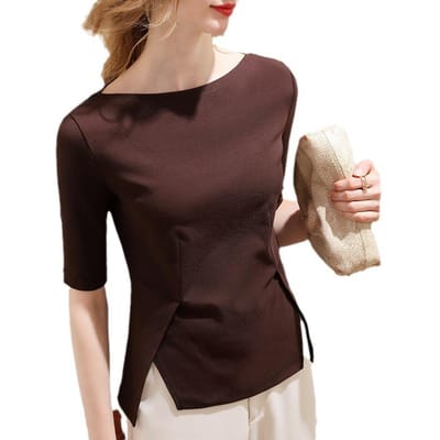 T-shirt à Manches Moyennes pour Femmes Nouveaux Vêtements pour Femmes Tempérament Épaule Dénudée Couleur Unie Coton T-shirt Fendu à la Taille Top M black