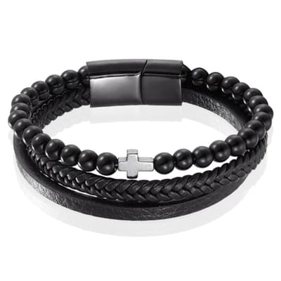 Heren armband Memphis Agaat kraal gevlochten leer Kruis Zwart - 19cm