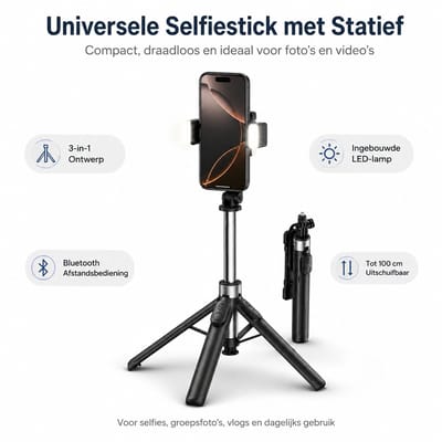 3-in-1 Selfie Stick - Met LED Verlichting - Statief - Bluetooth - Zwart