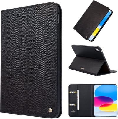 Casemania Hoes Geschikt voor iPad 2025 (A16) - Zwart - Luxe Kunstleer met Slangenstructuur Tablethoes met Pasjeshouder en Standaardfunctie - Snake-embossed Vegan Leather Tablet Case Magnetisch Cover - Geschikt voor Apple iPad 11e Generatie 11 inch