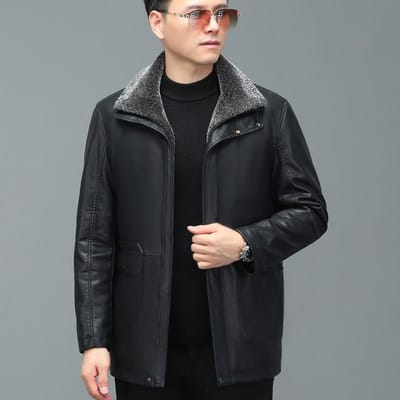 Veste en cuir véritable mi-longue en peau de mouton pour homme d'âge moyen Veste en cuir véritable épaisse et ample pour homme Veste en cuir 4XL black