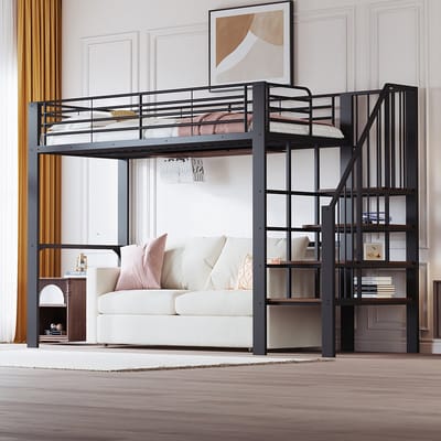 Pugsdrly Hoogslaper 90 x 200 Stabiel metalen frame met ruime opbergruimte onder het bed en trap Ideaal voor kinderen en volwassenen Bed met opbergruimte voor maximale ruimtebenutting