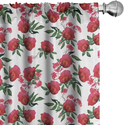 ABAKUHAUS Voorhangen – 2-delige set 75 x 245 cm – Aquarel Wilde Rozen – donker koraal en jadegroen