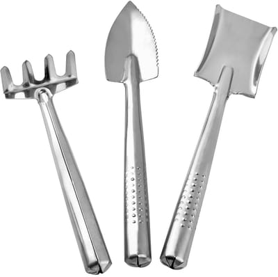 Mini Sappige Plant Tool Set - Rvs Kleine Schop en Rake - Tuinieren Kit - Hand Troffel en Transplantatie Troffel - Hand Rake - Cactus Kruiden - Indoor Miniatuur Planten