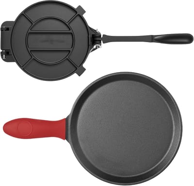 Tortillapers (20 Cm) Van Gietijzer, Stevige Deegpers met Handvat En 100 Vellen Bakpapier, Ideaal voor Tortilla'S, Pataconera En Roti