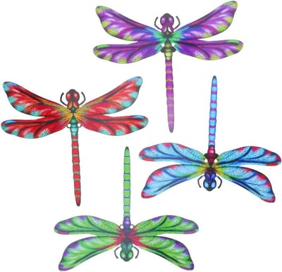 Metalen libellen decoratie - Tuinfiguren set - Buiten decoreren - Levendige 3D kunst - 4 stuks - Multicolor
