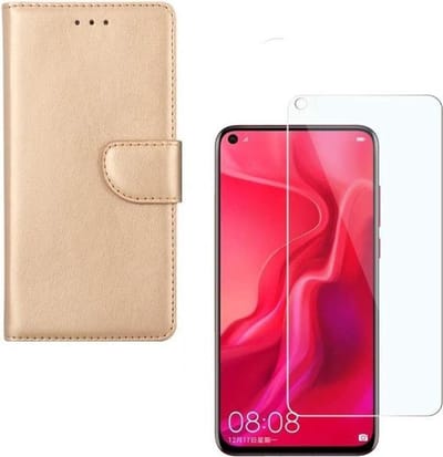 hoesje Geschikt voor: Huawei P20 Lite 2019 Portemonnee Goud met 2 stuks Glas Screen protector