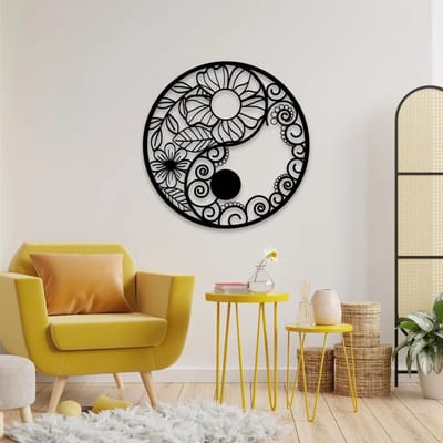 Metalen Wanddecoratie Yin Yang – 3D Wandkunst – Zwart – 70 x 70 cm