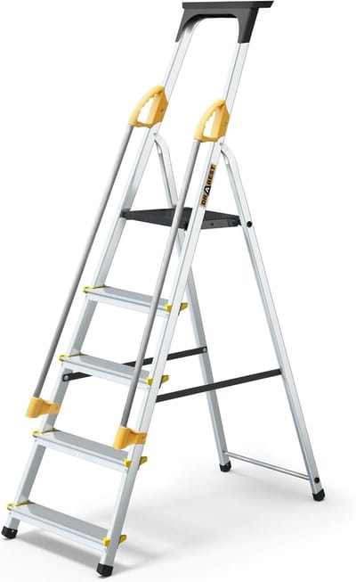 Huishoudtrap met Handgrepen - Opstapladder Multifunctioneel - Klusjes Binnenshuis - Met Gereedschapsplateau - 5 Treden - Zilver