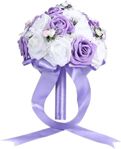Bruiloftsboeket Kunstbloemen - Bruidsboeket Decoratie - Feestelijke Aankleding - Fijn Vakmanschap - 26 x 21 cm - Paars