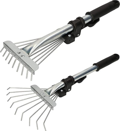 KOTARBAU® Bladhark, Mini Tuinhark, Gegalvaniseerd Staal, 20 cm, Zilver, Verstelbare Bladhark, Handhark, met Telescoopsteel 2,5-10 cm, 9 Tanden, Metalen Hark