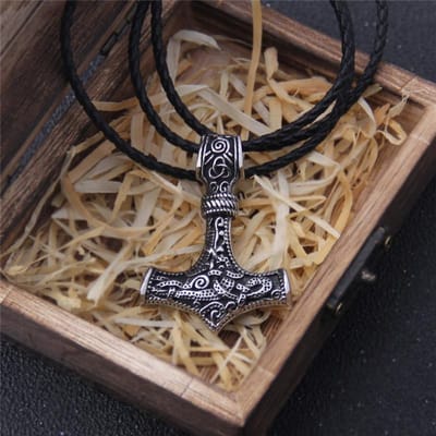Punk Stainless Steel Norse Vikings Amulet Pendant Cord Odin's Gold Color Thor's Hammer Chain Necklaces Men ethnic Jewelry Gifts 60CM brown