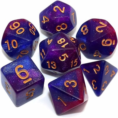 Thijox - Polyhedral DND Glitter Dobbelstenen Set voor Dungeon and Dragons RPG - Blauw Gemengde Paarse Nevel - 7-Delige Dobbelstenen voor Rollenspel Av