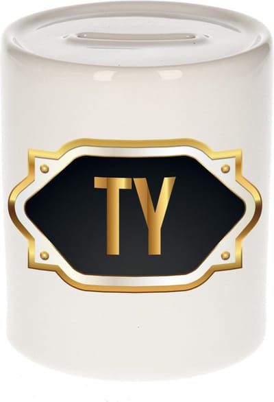 Spaarpot met voornaam Ty - wit - met goud/zwart embleem - 8 x 9 cm - keramiek - met afsluitdop - cadeau verjaardag