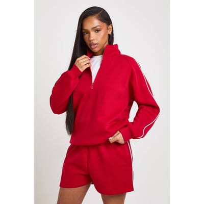 boohoo Dames Trainingspak Met Halve Rits Sweatshirt En Biesdetail Korte Broek | Rood | Maat: Small