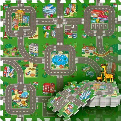 tectake® - Speelkleed - Speelmat foam - Speeltapijt baby - Stad en Wegen - 90 x 90 cm - 9-delige Puzzelmat - Antislip - Geluidsdempend en vochtwerend