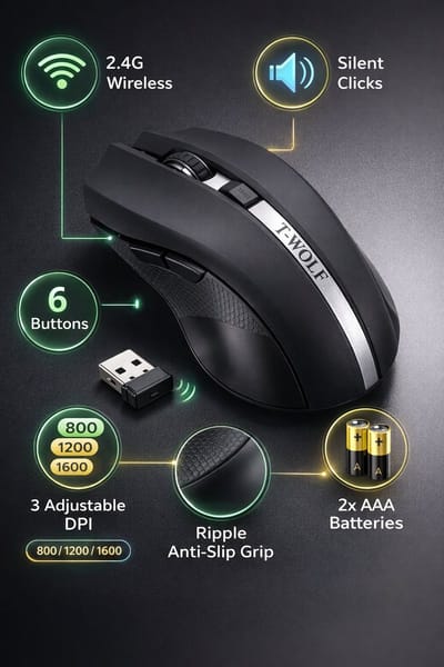 Draadloze Muis 2.4G - 6 Knoppen - Stille Klik - Instelbare DPI 800/1200/1600 - USB Ontvanger - Zwart