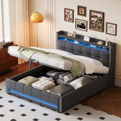 STILVORA Tweepersoonsbed 160x200 cm – Gestoffeerd Bed Met LED + USB – Opberg- Hoofdbord Met Planken – Hydraulische Bedbak – Linnen – Grijs – Zonder matras