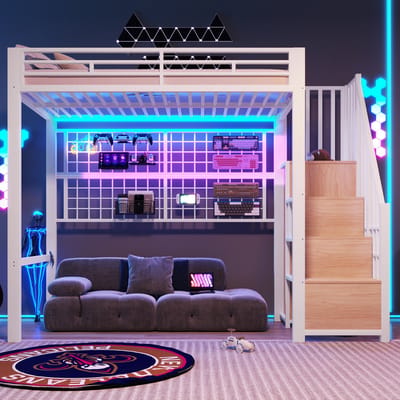 VVBV Ruimtebesparende Hoogslaper 90x200 cm met LED-Verlichting, Kledingkast - Opbergtrap - Metaal Wit - Zonder Matras