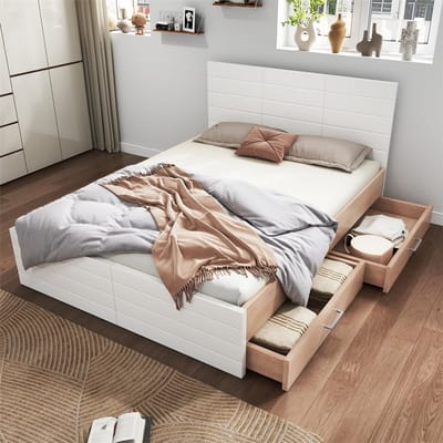 YEHTOKHOME Tweepersoonsbed Houten bed 180x200 cm met 2 lades, bedframe met opbergruimte - lattenbodem - eiken/wit - zonder matras