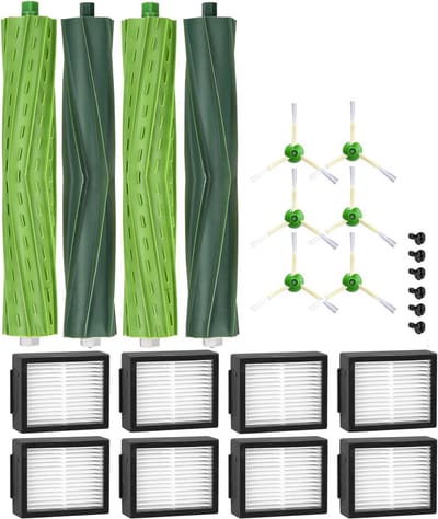 Reserveonderdelen geschikt voor iRobot Roomba E/I-serie, i7 i7+ i3 i3+ i4 i4+ E5 E6, borstelaccessoires geschikt voor iRobot Roomba, 2 sets rubberen borstels,8 hooReserveonderdelen geschikt voor iRobot Roomba E/I/gwaardige filters, 6 zijborstels