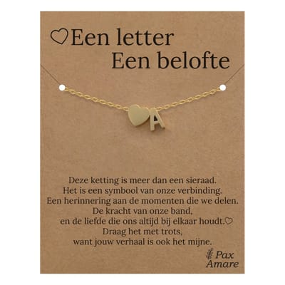 Letter A Armband op Cadeau Kaartje - Een letter, een belofte - 15,5cm + 5,5cm verstelbaar Goudkleurig Stainless Steel - Initiaal & Hartje Hanger - Pax Amare