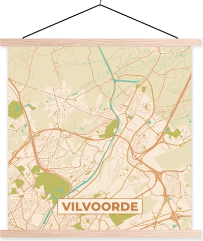 Posterhanger incl. Poster 40x40 cm - Schoolplaat - Vilvoorde - Vintage - Kaart - Stadskaart - Plattegrond - Textielposter - Blanke latten - Stadskaart