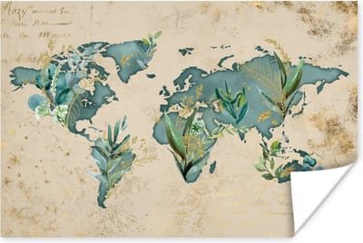 Poster 30x20 cm - Wereldkaart - Papyrus - Vintage - Posters - Kamer decoratie - Wanddecoratie woonkamer - Muurdecoratie slaapkamer