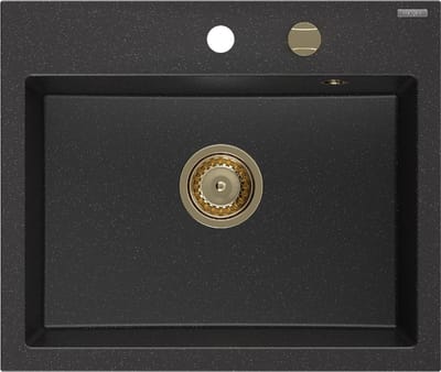 Mexen Oscar granieten spoelbak 1-kamer 580 x 490 , zwart/zilveren metallic, gouden sifon - 6519581000-73-G