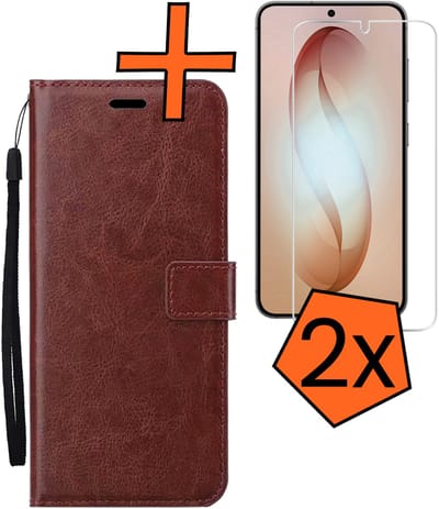 Hoes - Met 2x Screenprotector - Geschikt voor Samsung Galaxy S26 - Luxe Pasjeshouder - Bookcase Portemonee - Flip Case - Kunstleer Book Case - Flipcase Hoes - Book Cover - Walletcase - PortemonneeHoes - Bruin