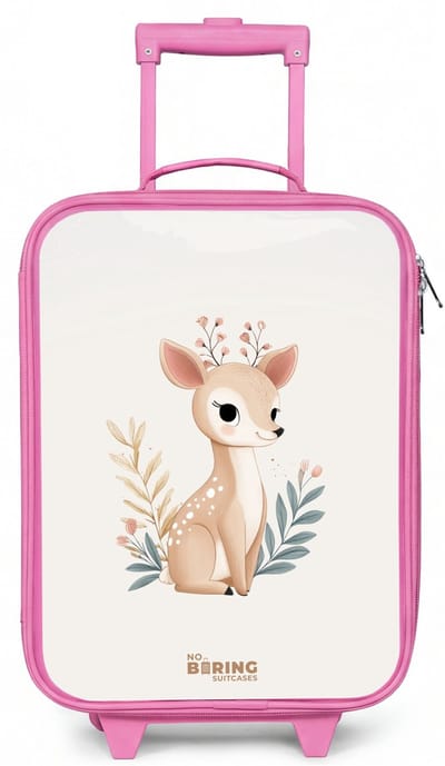 NoBoringSuitcases.com® - Kinderkoffer roze - Kindertrolley meisje - Hertje omringd door planten in beige tinten - Koffer kind lichtgewicht - Reiskoffer trolley voor kinderen - Koffertje met lichtgevende wieltjes - Rolkoffer