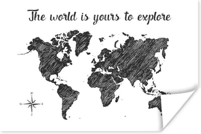 Poster 30x20 cm - Wereldkaart - Quote - Zwart - Wit - Posters - Kamer decoratie - Wanddecoratie woonkamer - Muurdecoratie slaapkamer