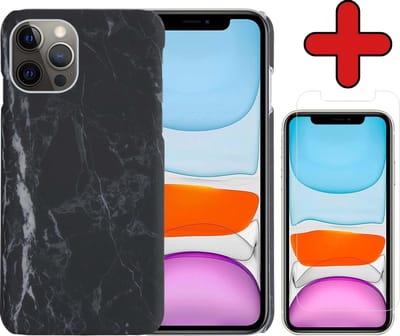 Hoesje Geschikt voor iPhone 11 Pro Hoesje Marmer Hardcover Fashion Case Hoes Met Screenprotector - Hoes Geschikt voor iPhone 11 Pro Marmer Hoesje Hardcase Back Cover - Zwart