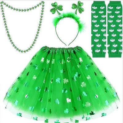 St Patrick's Day kostuum 4 stuks met klaver hoofdband, ketting, handschoenen en groene tutu rok, feestelijke accessoires voor vrouwen en Ierse geschenken