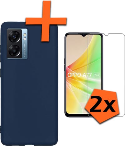 Hoes - Met 2x Screenprotector - Geschikt voor OPPO A77 - Sterk & Shockproof - Back Cover - Siliconen Case - Telefoon Hoes - Donkerblauw