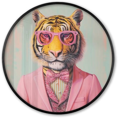 Poster in lijst Rond - Fotolijst 60x60 cm - Posters - Tijger - Strik - Jasje - Roze - Ronde posterlijst zwart - Decoratie - Wanddecoratie woonkamer - Muurdecoratie slaapkamer
